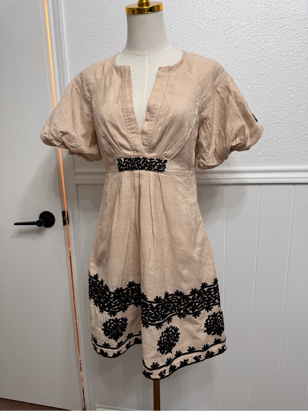 Anthropologie Beige Mini Dress with Black Embroidery